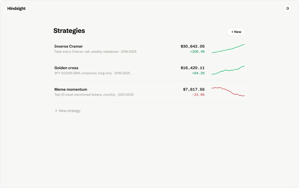 The strategy list, each row showing its return and a sparkline